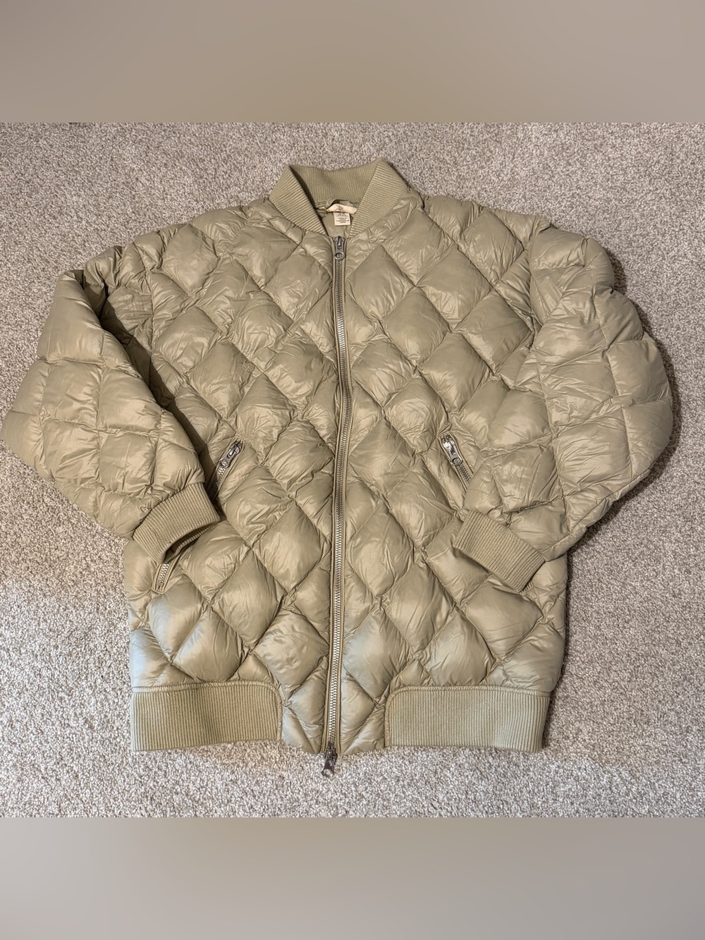 H&M Oversized Downfeather Quilted Bomber Jacket in Olive Green